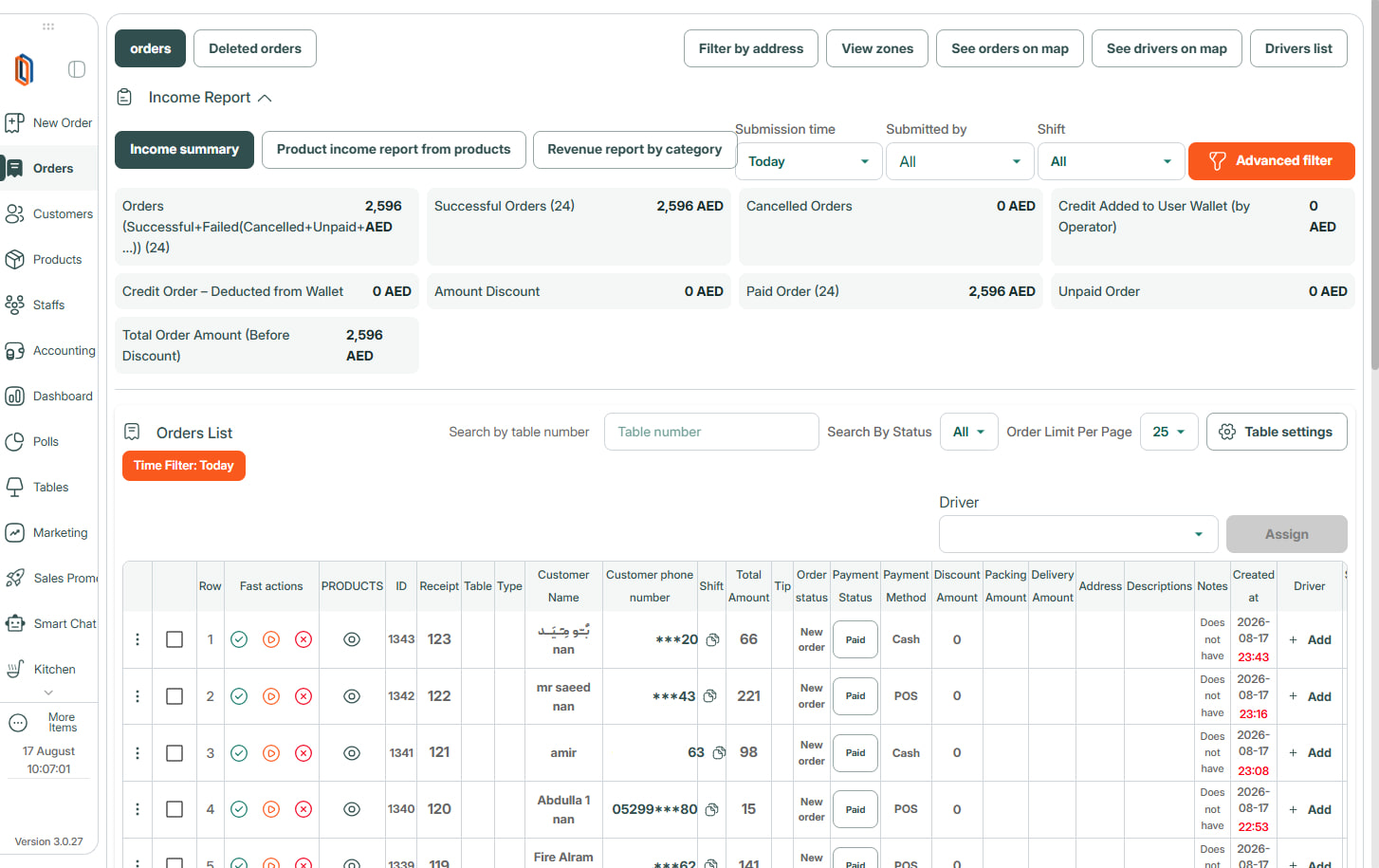 A Duvita orders screen with an income report and a list of today's orders