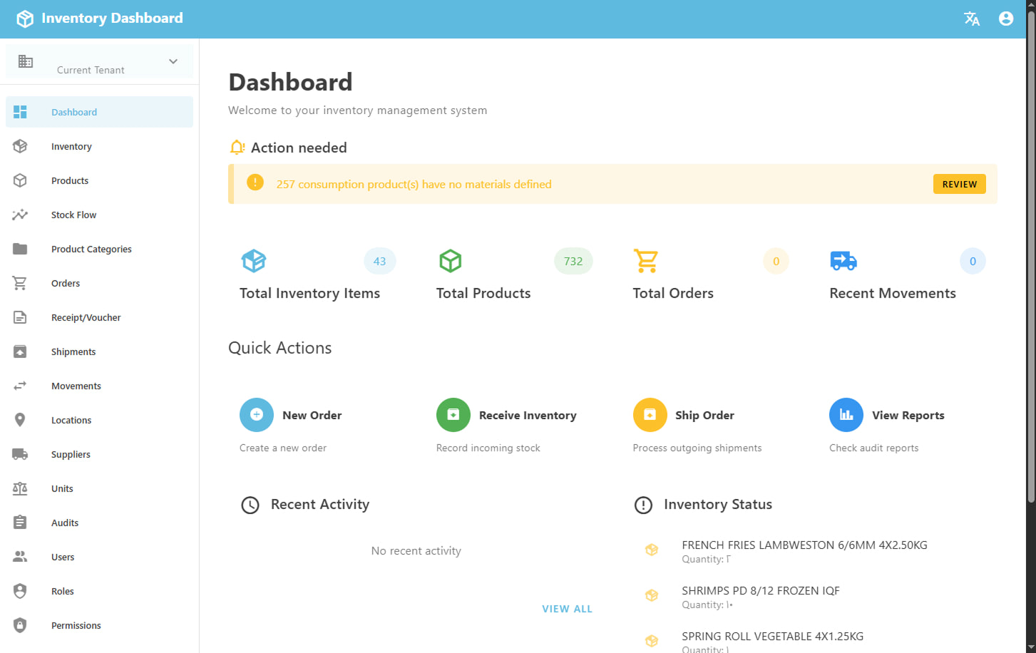 A Duvita inventory dashboard showing total products, an action-needed alert and stock status