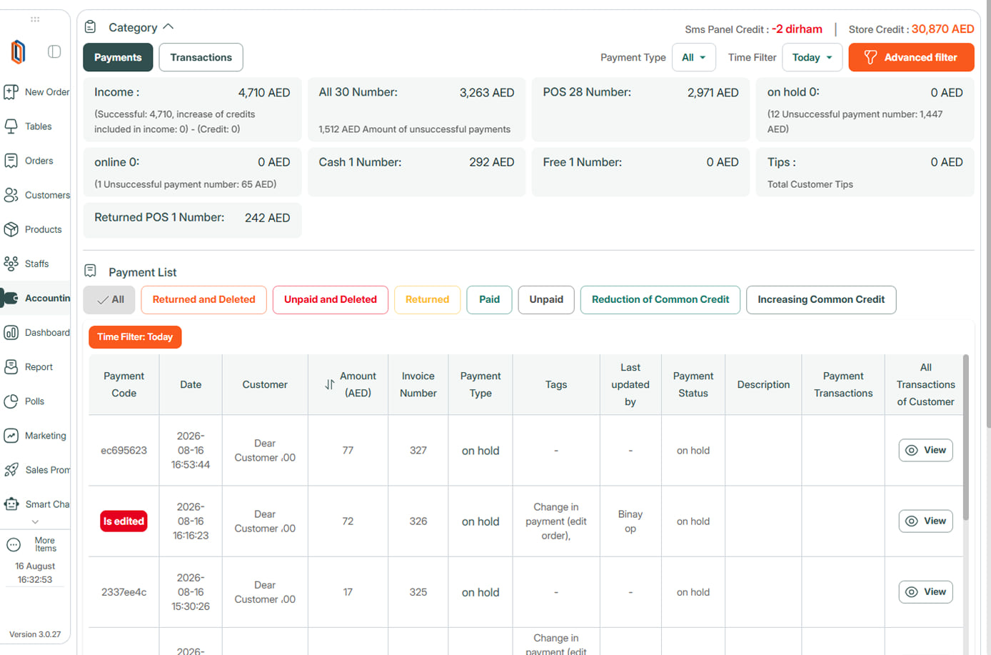 A Duvita payments screen listing transactions with edit history and status for each one